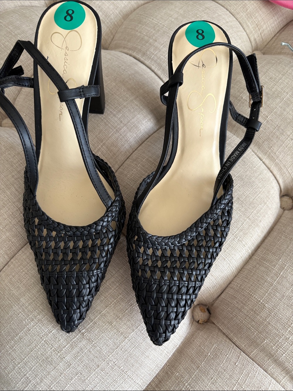 Jessica Simpson Black Woven Pointed-Toe Slingback Heels